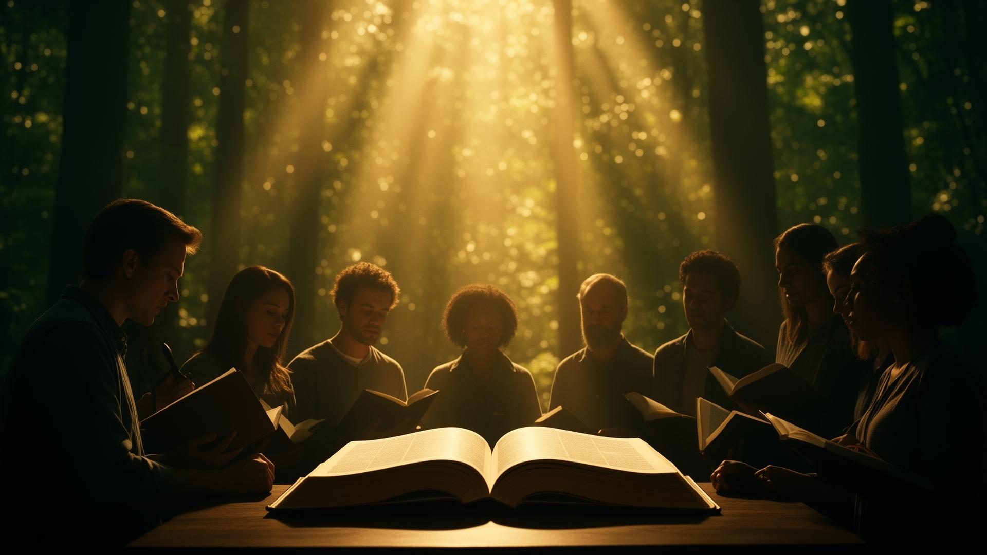 A global community of Christian writers gathered around an open Bible in cinematic light