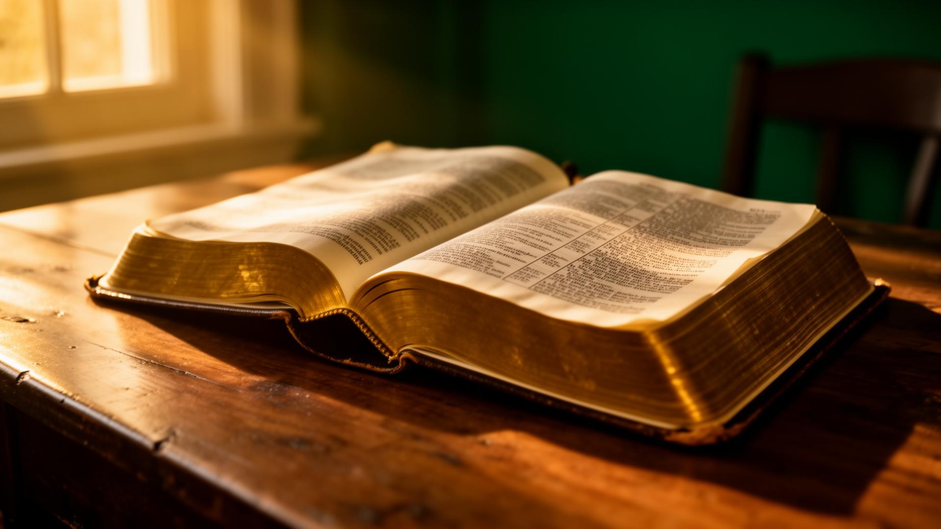 An open Bible in warm morning light